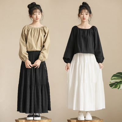 Self-Tie Hem Statement Blouse/ Textured Long Tiered Flowy Skirt