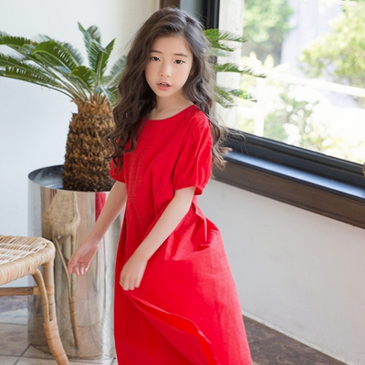 Pleated Textured Puff Sleeve Midi Dress in Red 