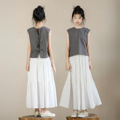 Gray Bow Tie Back Top/ White Layered A-Line Long Skirt