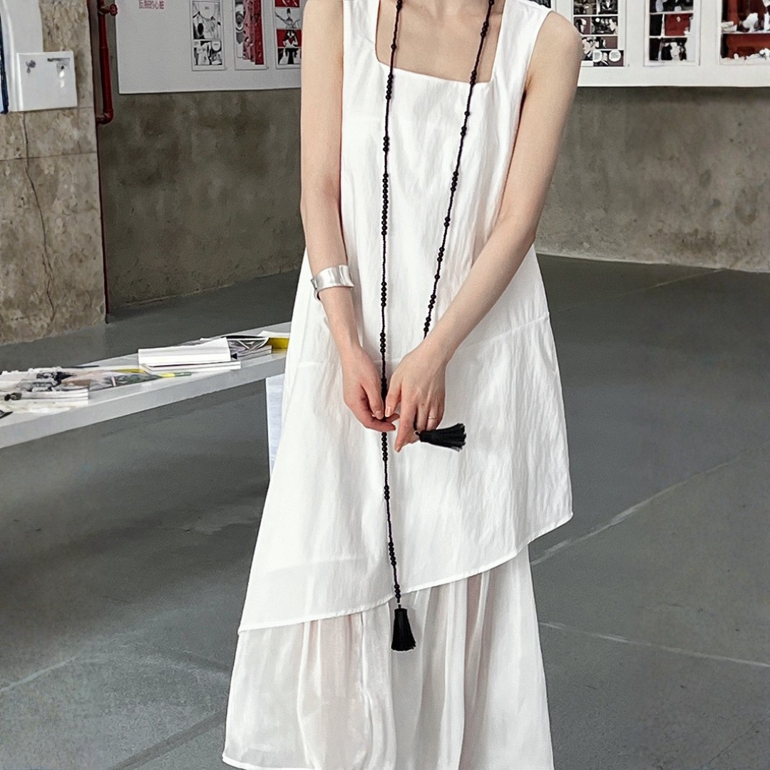 Minimalist Layered Sleeveless Dress with Chiffon Hem
