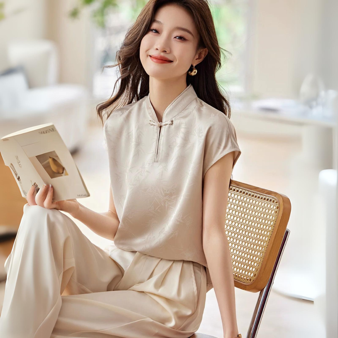 中式盘扣缎面提花立领衬衫 Chinese Knot Button Textured Satin Jacquard Shirt