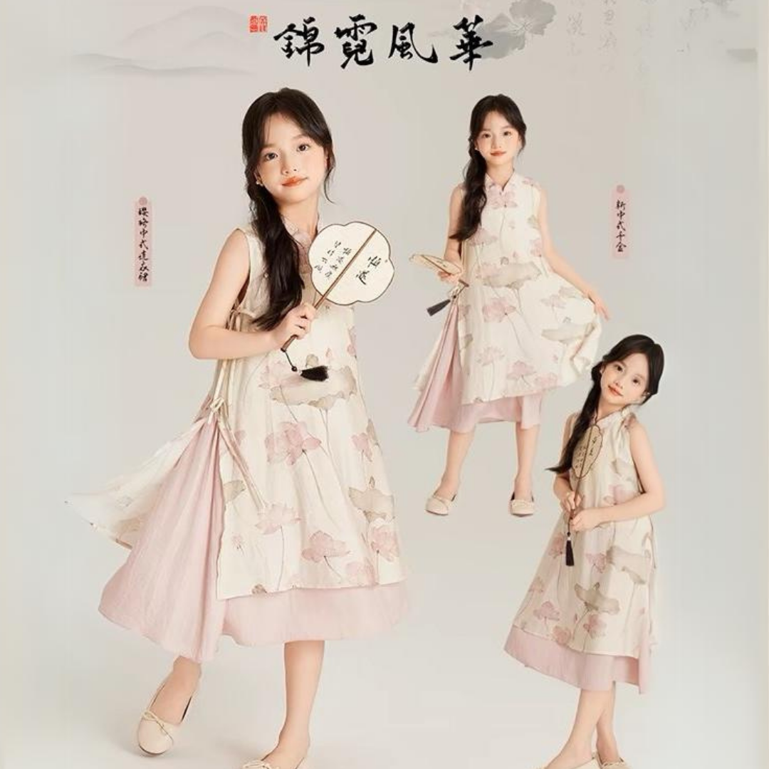 中式假两件莲花旗袍裙 Chinese Style Lotus Print Fake Two-Piece Layered Dress