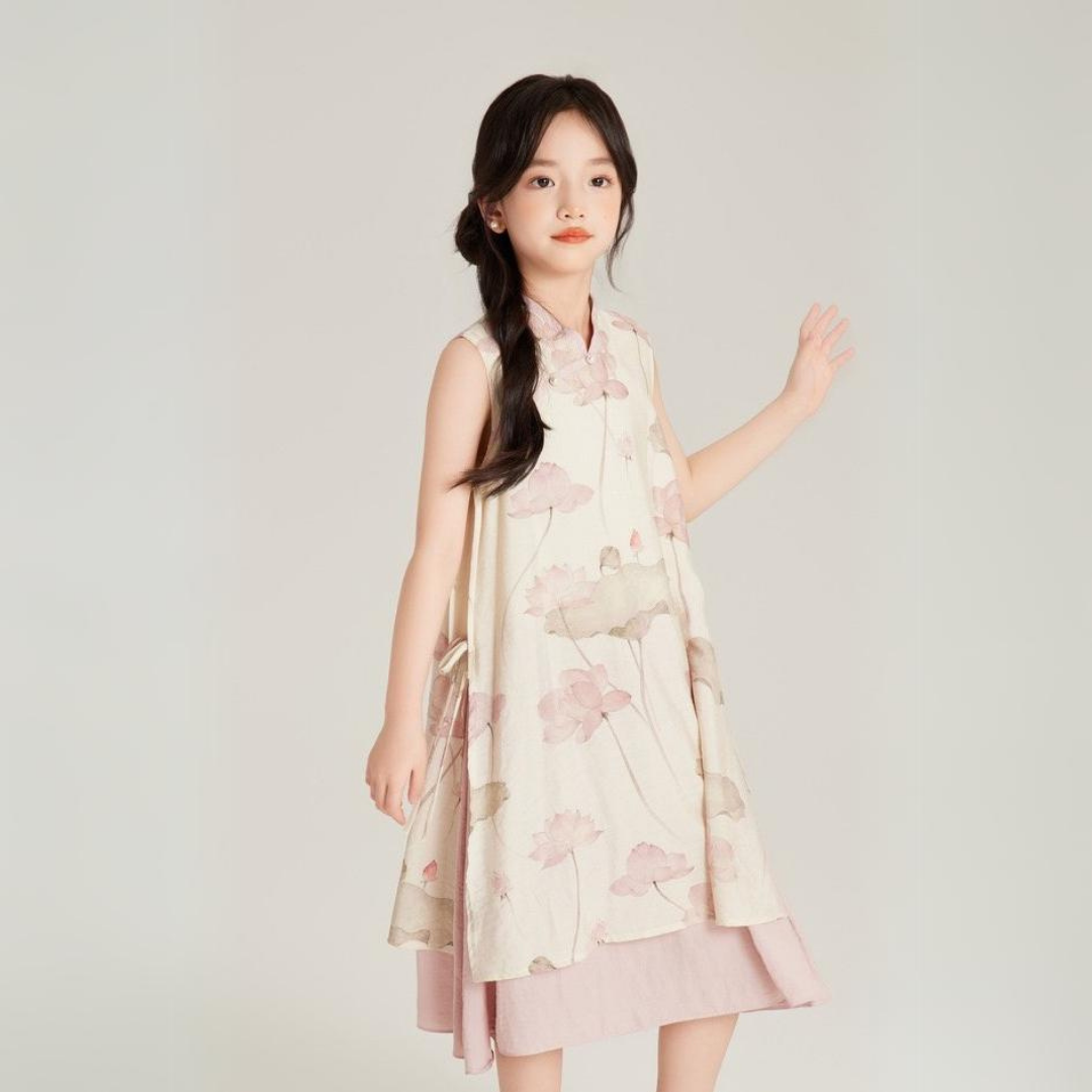 中式假两件莲花旗袍裙 Chinese Style Lotus Print Fake Two-Piece