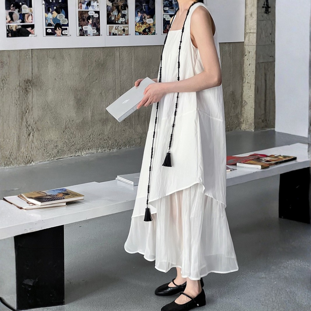 Minimalist Layered Sleeveless Dress with Chiffon Hem