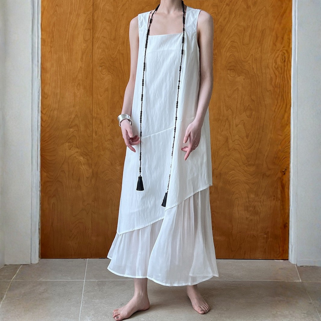 Minimalist Layered Sleeveless Dress with Chiffon Hem