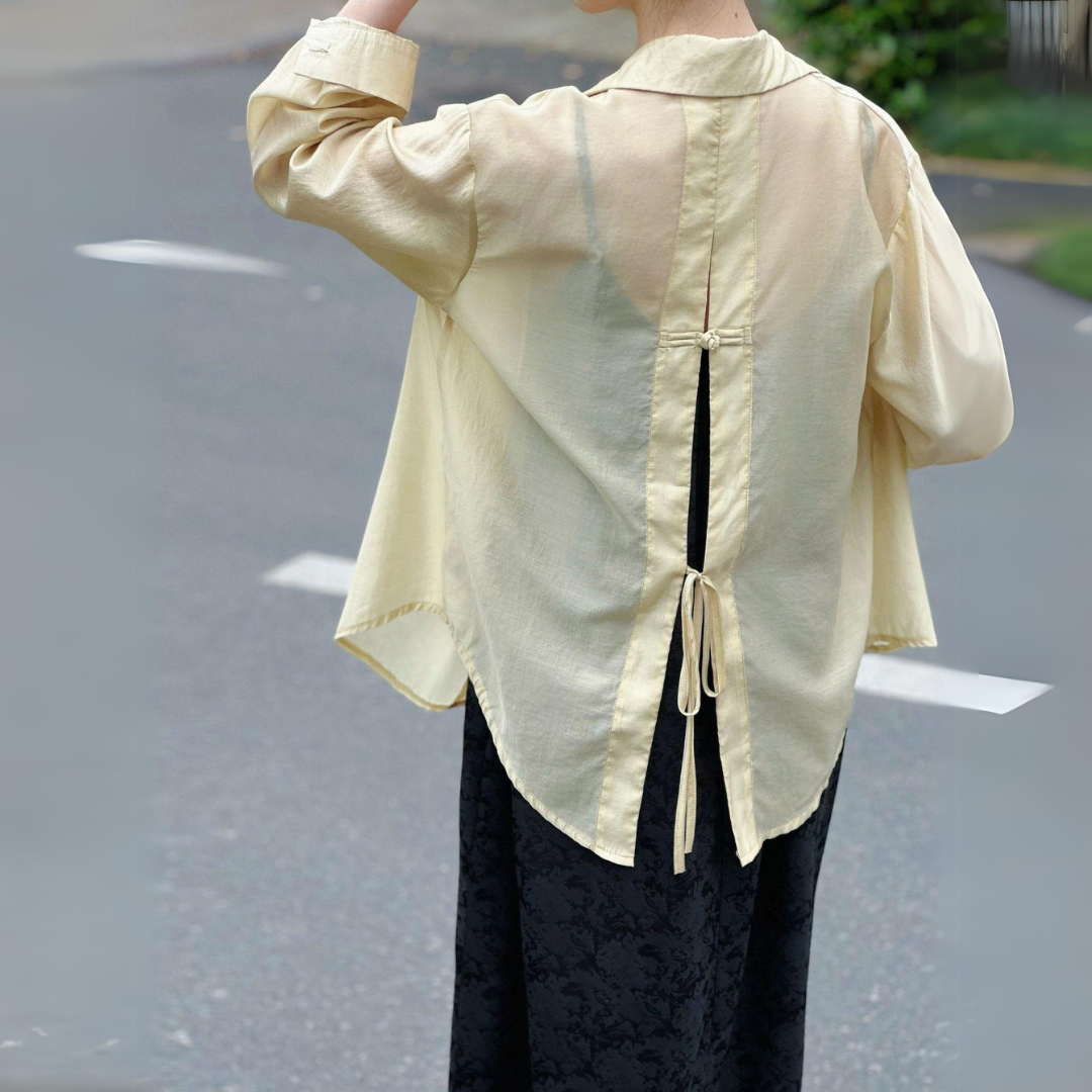 中式盘扣后开叉系带防晒轻薄衬衫 Chinese Style Lightweight Buckle Back Split Relaxed Top