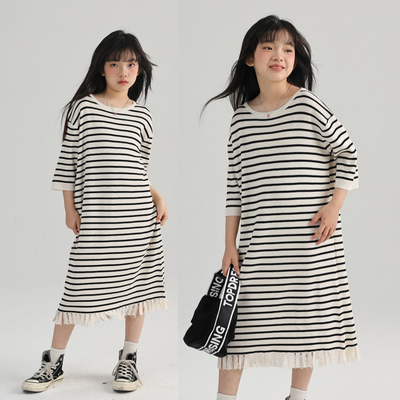 Leisure Striped Fringed Ribbed Knit Dress
