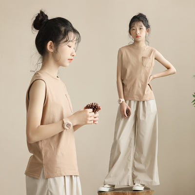 Patched Pocket Sleeveless Tops/ Straight Leg Pants in Khaki